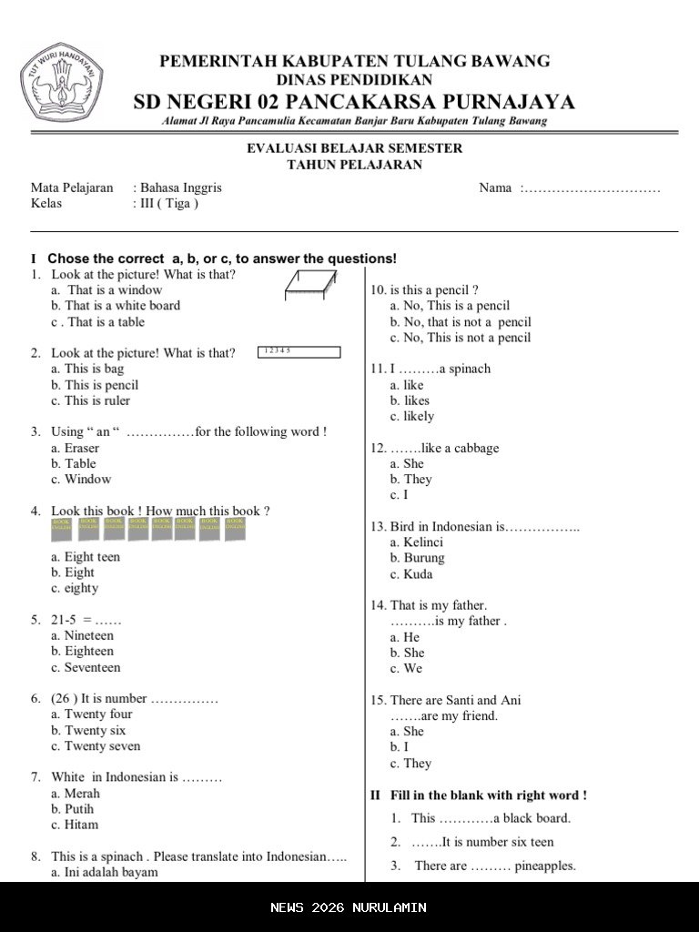 Soal Ujian Pilihan Ganda Bahasa Inggris Kelas 3 SD Semester 1 Kurikulum Merdeka