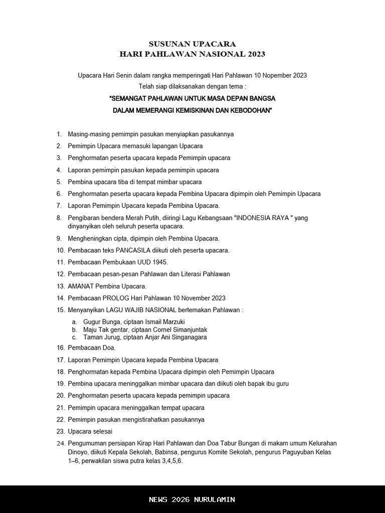 Daftar Susunan Upacara Hari Pahlawan 10 November Lengkap dari Persiapan hingga Pembacaan Doa