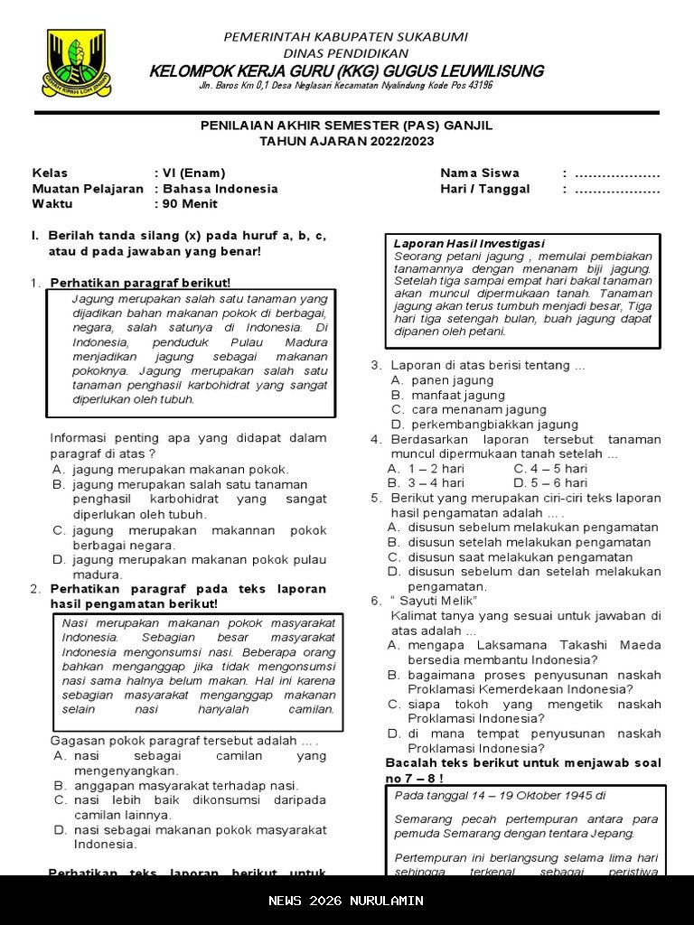 40 Soal PAS Bahasa Indonesia Kelas 6 2025, Jawaban Lengkap Semester 1