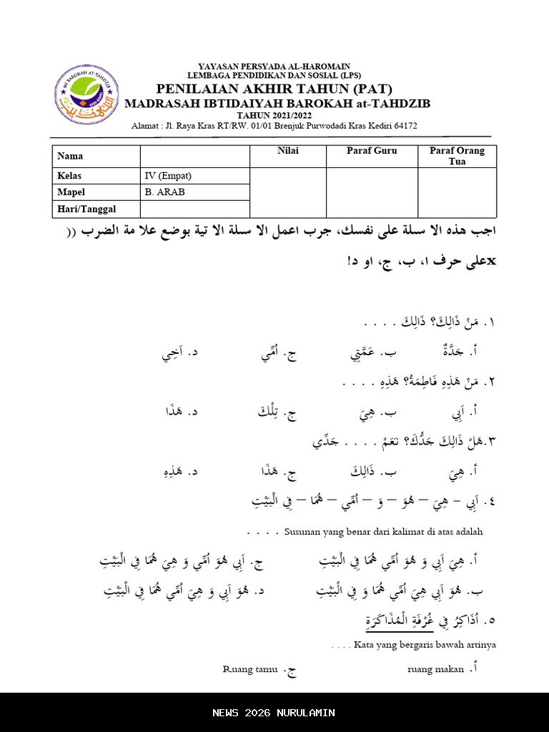 Soal Essay Bahasa Arab Kelas 4 Semester 1 2025