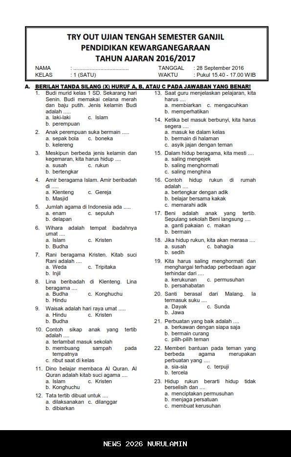 45 Soal dan Jawaban PTS PKN Kelas 1 SD Semester Ganjil 2025