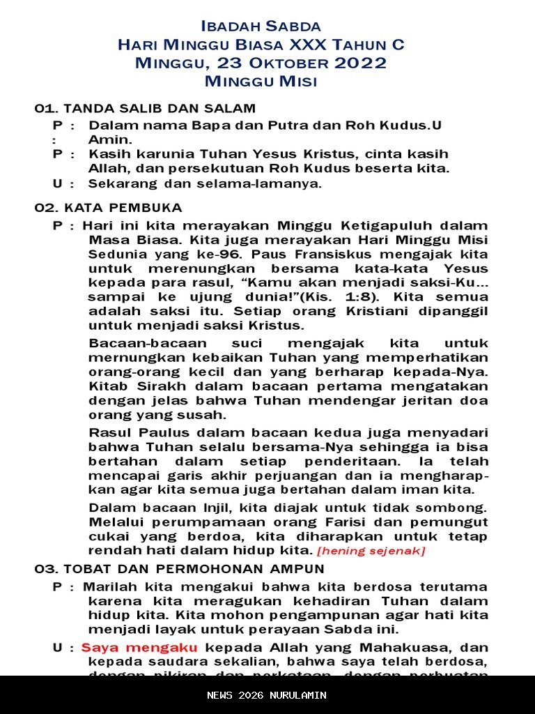 Misa Minggu 26 Oktober 2025, Pekan Biasa XXX, Tahun C