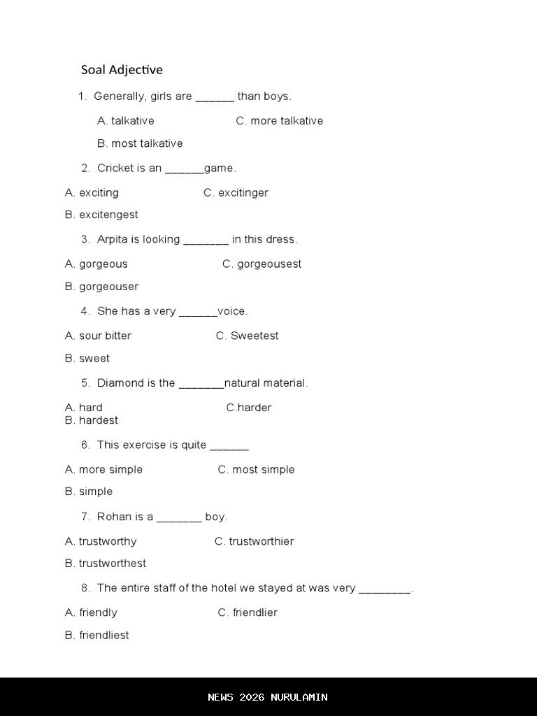 Kumpulan Soal Adjective Milik SMA 2025 Lengkap