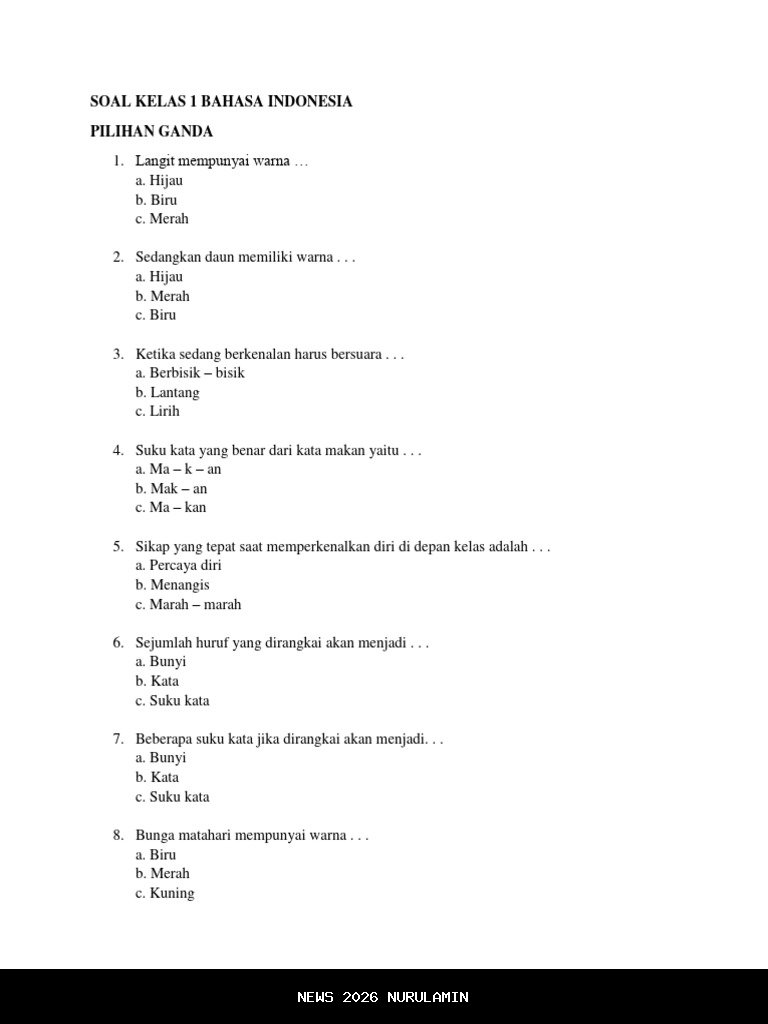 60 Soal dan Jawaban PTS Bahasa Indonesia Kelas 1 SD Semester 1 2025