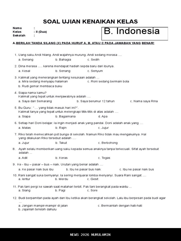 30 Soal Bahasa Indonesia Kelas 2 Semester 2 dengan Kunci Jawaban