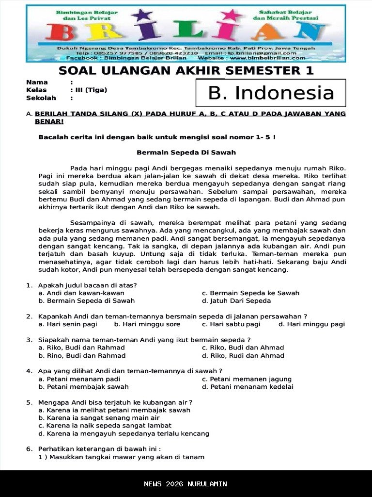 25 Soal Ujian Akhir Semester 1 Bahasa Indonesia Kelas 3 SD Kurikulum Merdeka