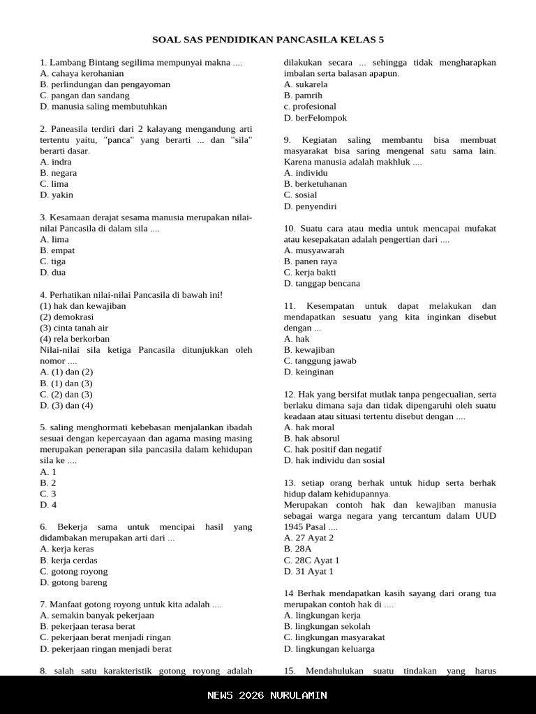 Contoh Soal Pancasila Kelas 5 SD Semester 1