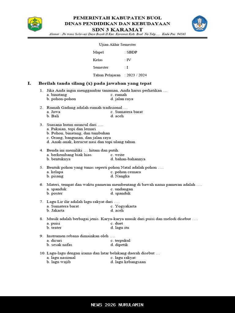 55 Soal dan Jawaban PTS SBdP Kelas 4 SD Semester 1 Kurikulum Merdeka Tahun 2025