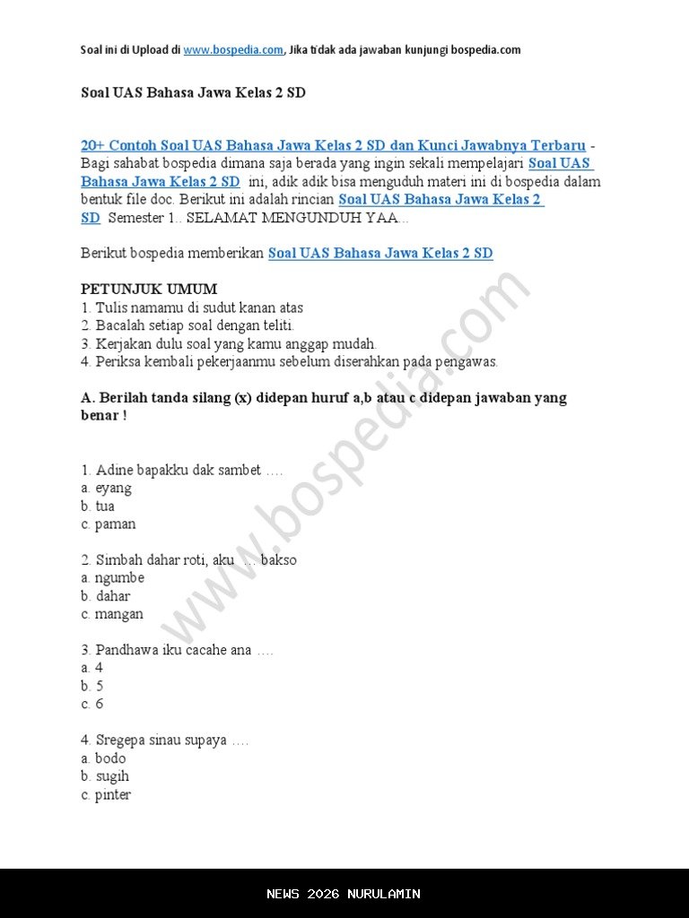 40 Kunci Jawaban Bahasa Jawa Kelas 2 Semester 1, Soal PG & Esai Lengkap dengan Link PDF