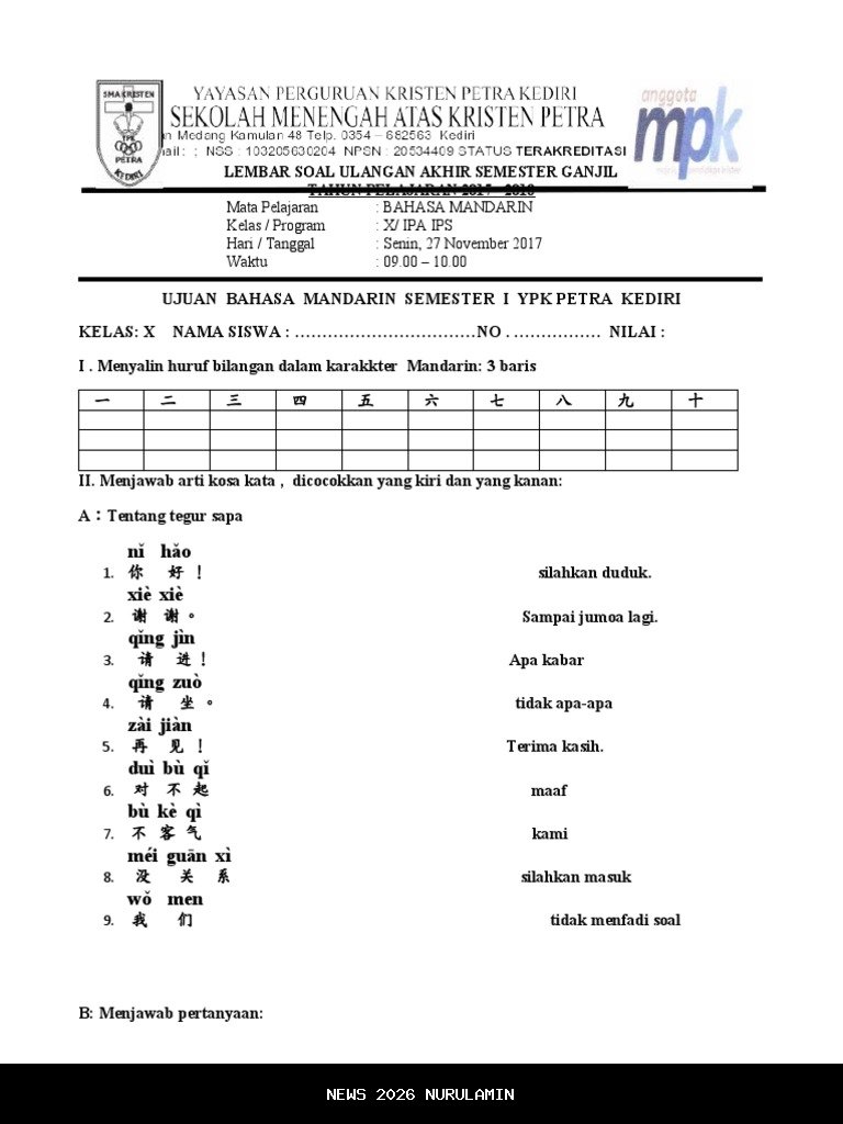Soal Esai Bahasa Mandarin Kelas 4 Semester 1 2025