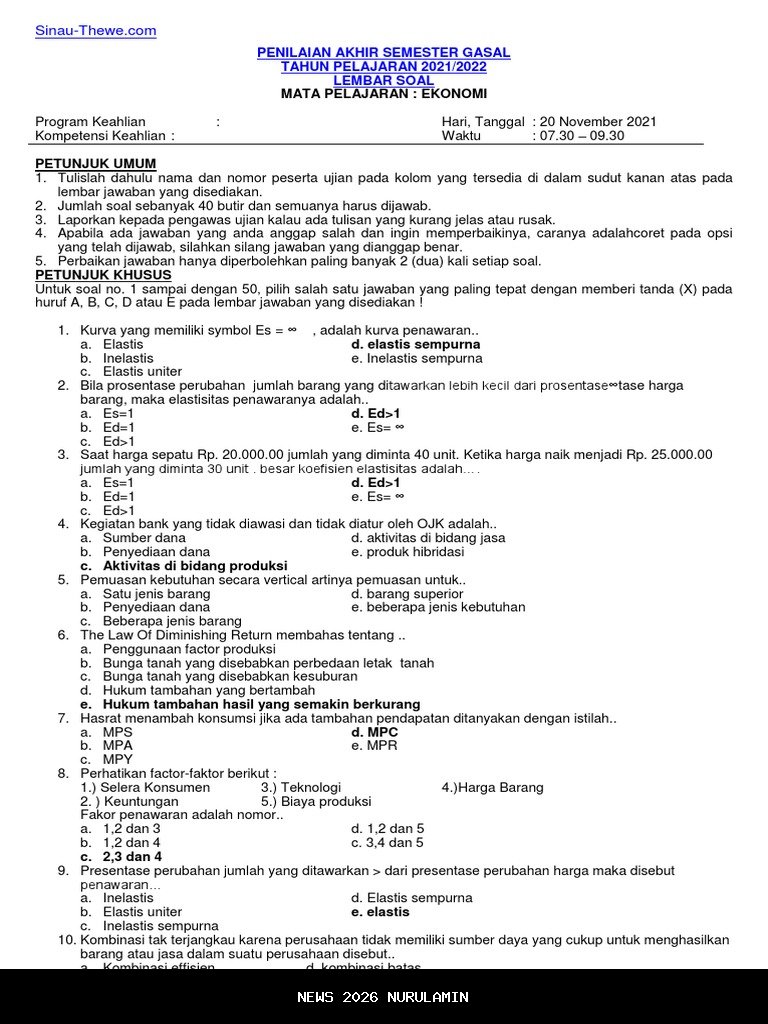 Kisi-kisi Soal Ekonomi Kelas 10 Semester 1 2025 Lengkap Kunci Jawaban