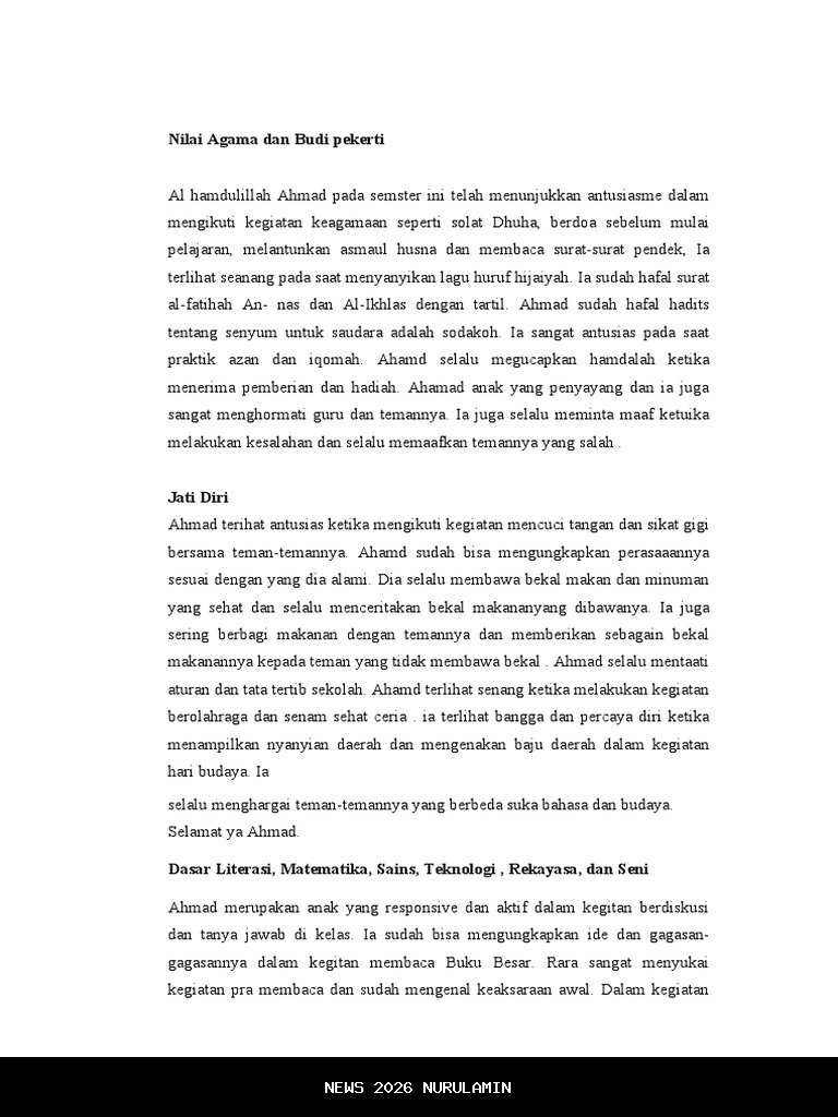 Contoh Deskripsi Rapor Siswa Singkat dan Menarik tentang Prestasi dan Perkembangan