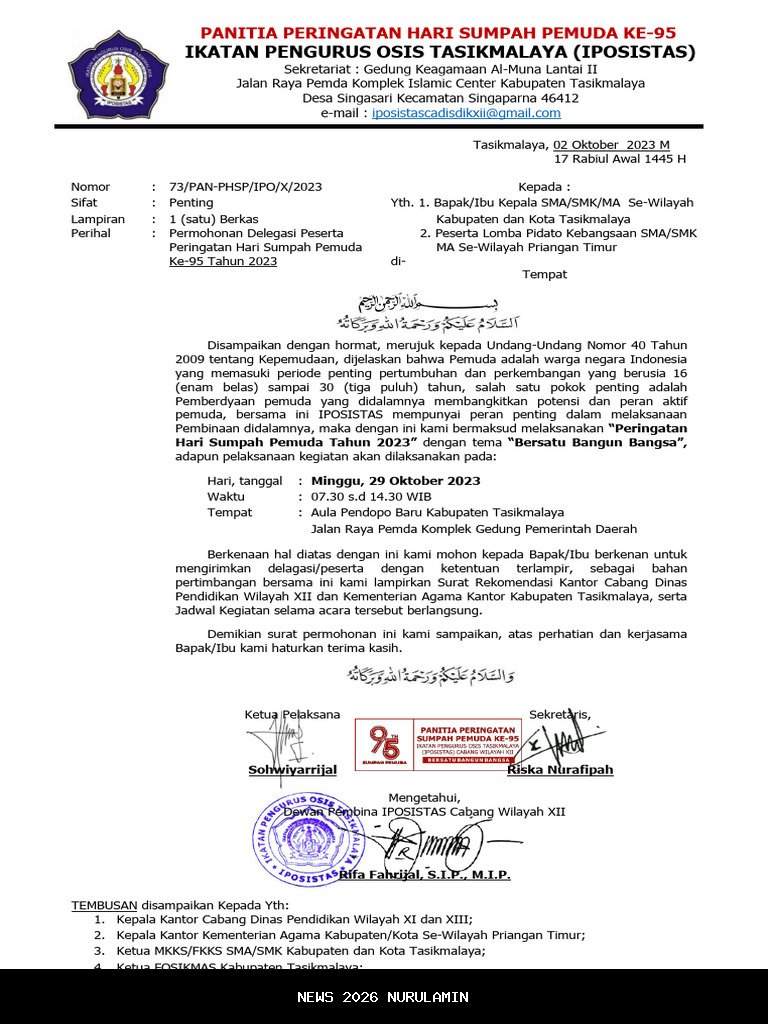 Undangan Upacara Sumpah Pemuda 28 Oktober 2025 dari Kemenpora