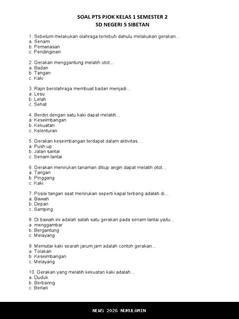 60 Soal dan Jawaban PTS PJOK Kelas 1 SD Semester 1 2025