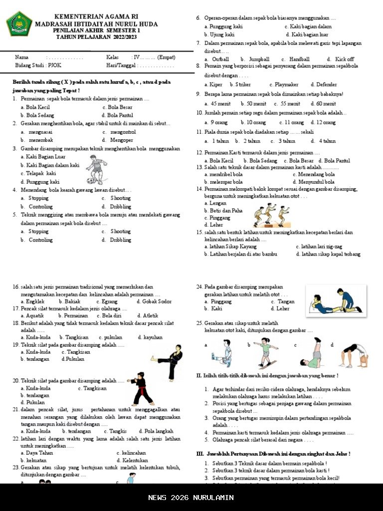 Soal PJOK Kelas 4 Semester 1 2025 Pilihan Ganda 47 Soal