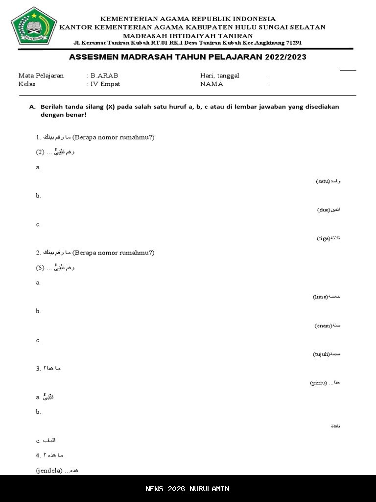 Soal Esai Bahasa Arab Kelas 4 Semester 1 2025 K13