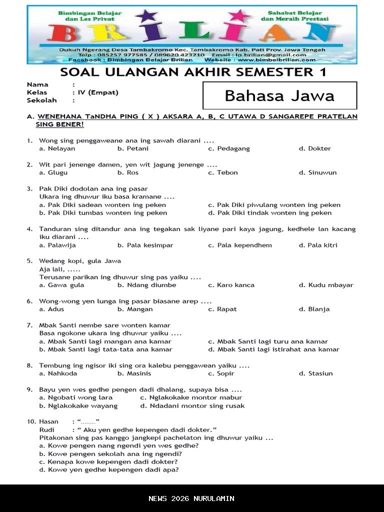 55 Soal dan Jawaban PTS Bahasa Jawa Kelas 4 SD Semester 1 Kurikulum Merdeka Tahun 2025
