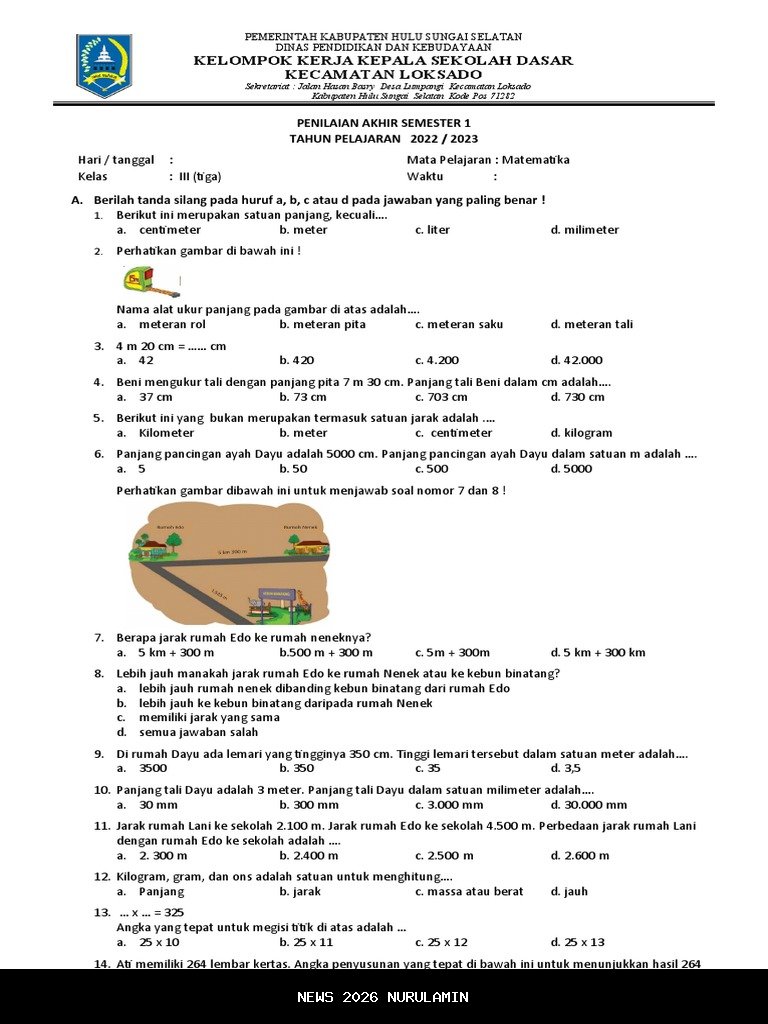 30 Soal Matematika Kelas 3 Semester 1 2025 dan Jawaban Lengkap