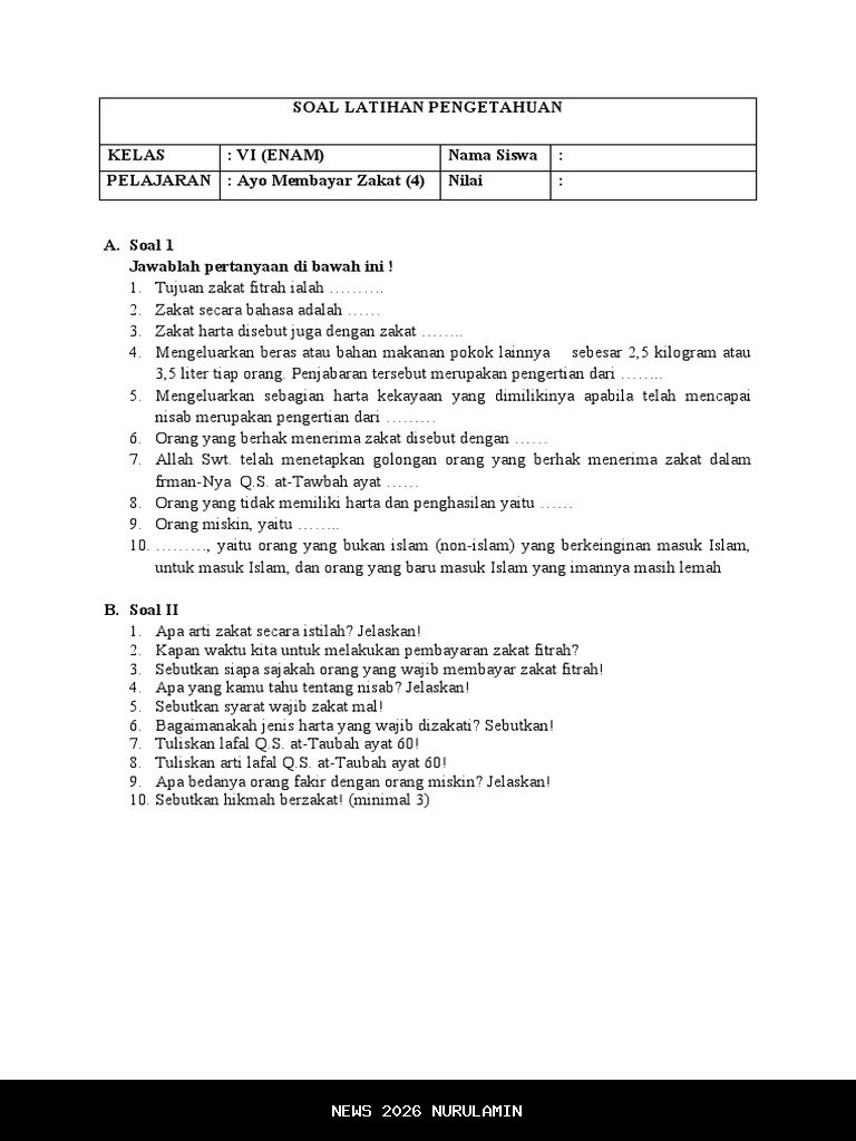 60 Soal dan Jawaban PAI Kelas 6 SD Semester 1 2025
