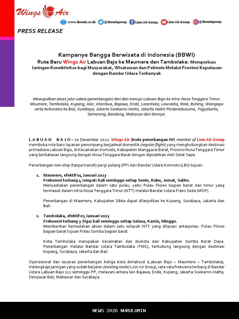 Wings Air resmikan rute langsung Malang–Lombok, akses wisata dan ekonomi makin terbuka