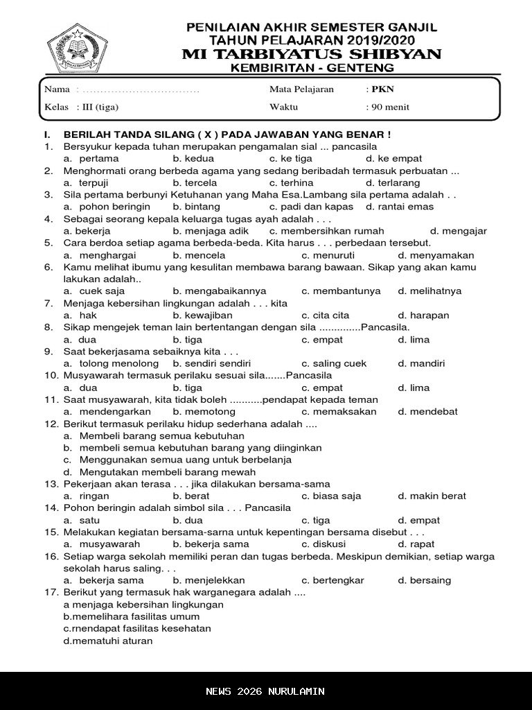 25 Soal PKN Kelas 3 SD Semester 1 Kurikulum Merdeka dengan Kunci Jawaban