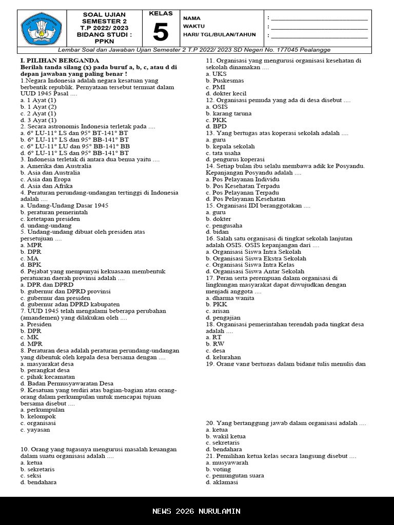 55 Soal Ujian PPKn Kelas 5 SD Semester 1 2025 dengan Kunci Jawaban