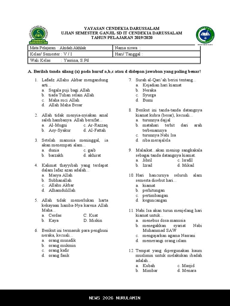60 Soal dan Jawaban PTS Akidah Akhlak Kelas 4 SD Semester 1 2025