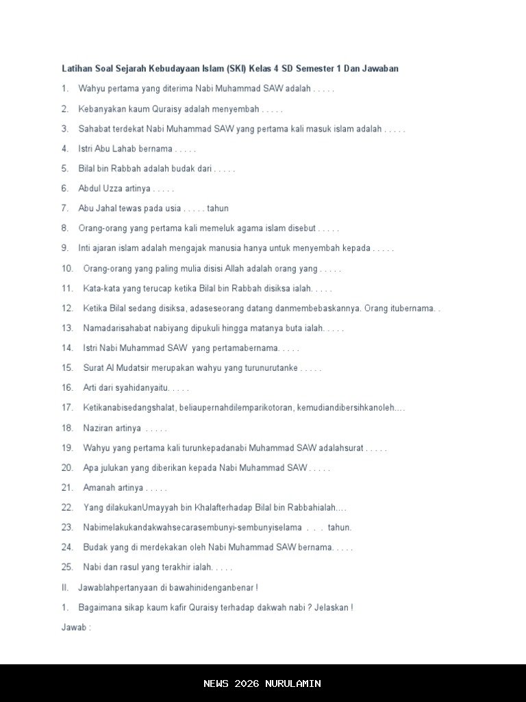 55 Soal dan Jawaban PTS SKI Kelas 4 SD Semester 1 2025