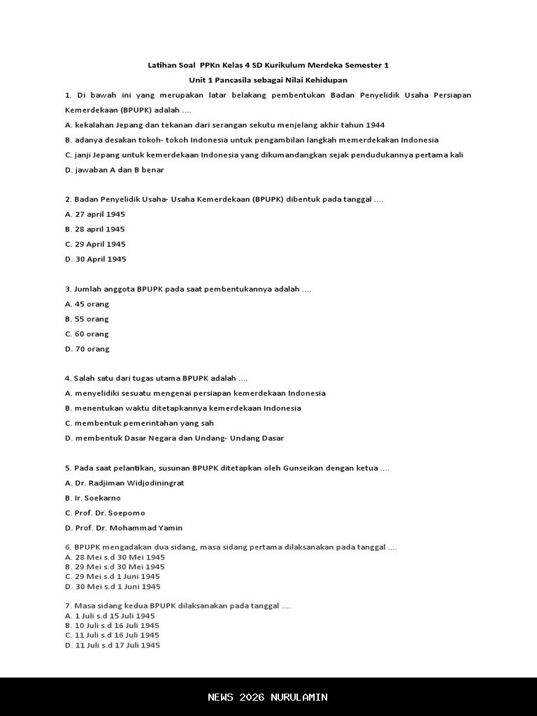 20 Soal PAS/SAS PPKN Kelas 4 SD Semester 1 Kurikulum Merdeka