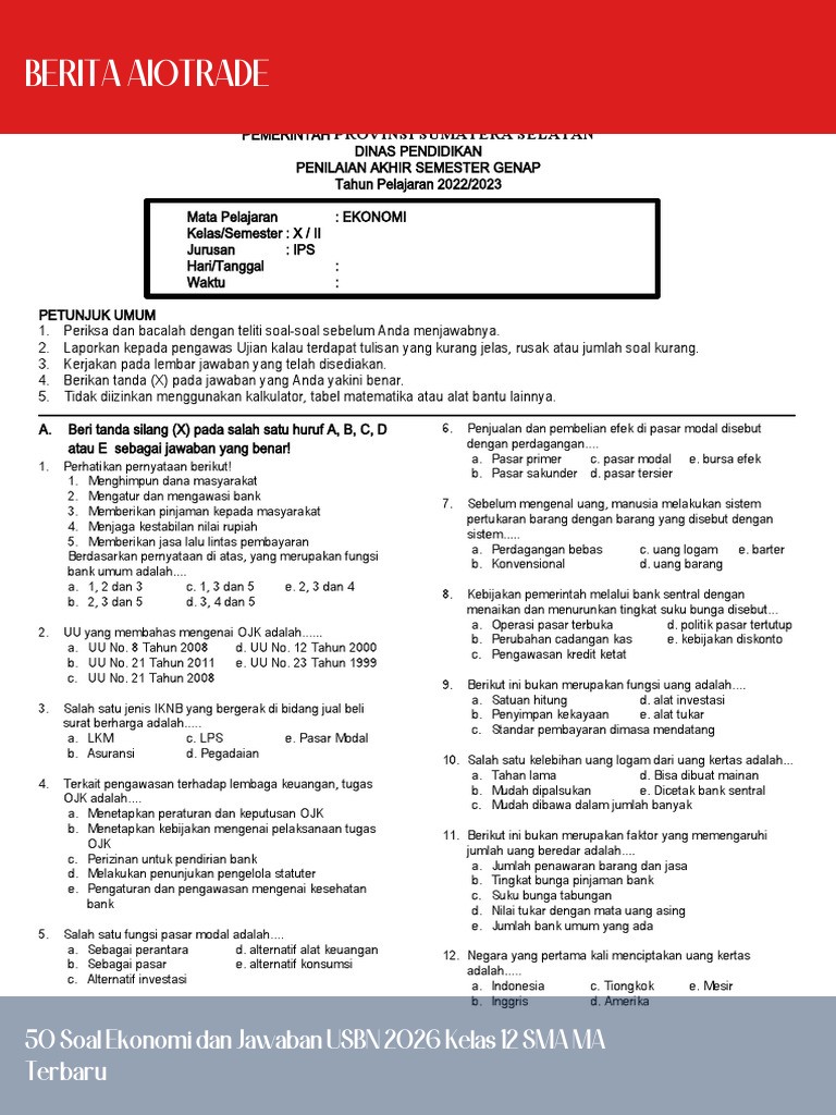 50 Soal Ekonomi dan Jawaban USBN 2026 Kelas 12 SMA MA Terbaru