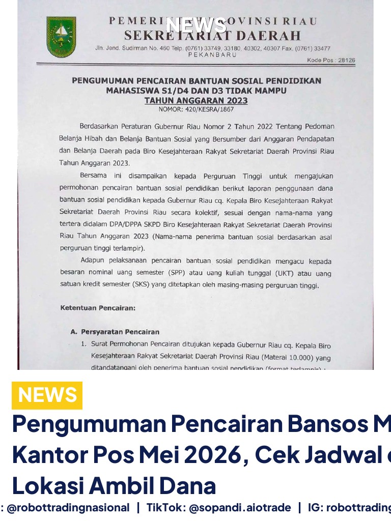 Pengumuman Pencairan Bansos Melalui Kantor Pos Mei 2026, Cek Jadwal dan Lokasi Ambil Dana