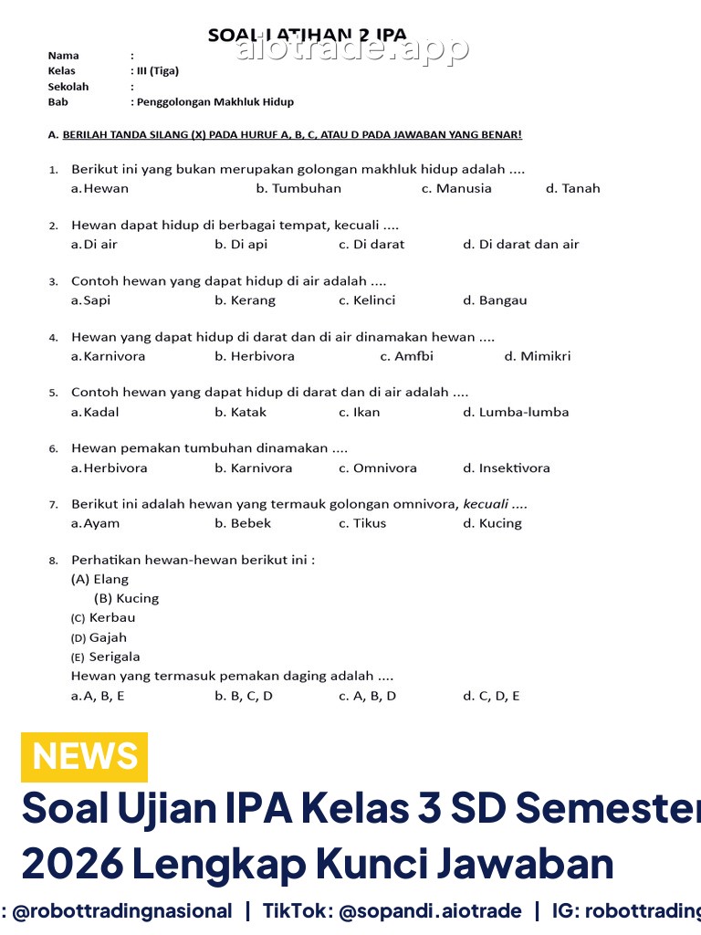 Soal Ujian IPA Kelas 3 SD Semester 2 2026 Lengkap Kunci Jawaban